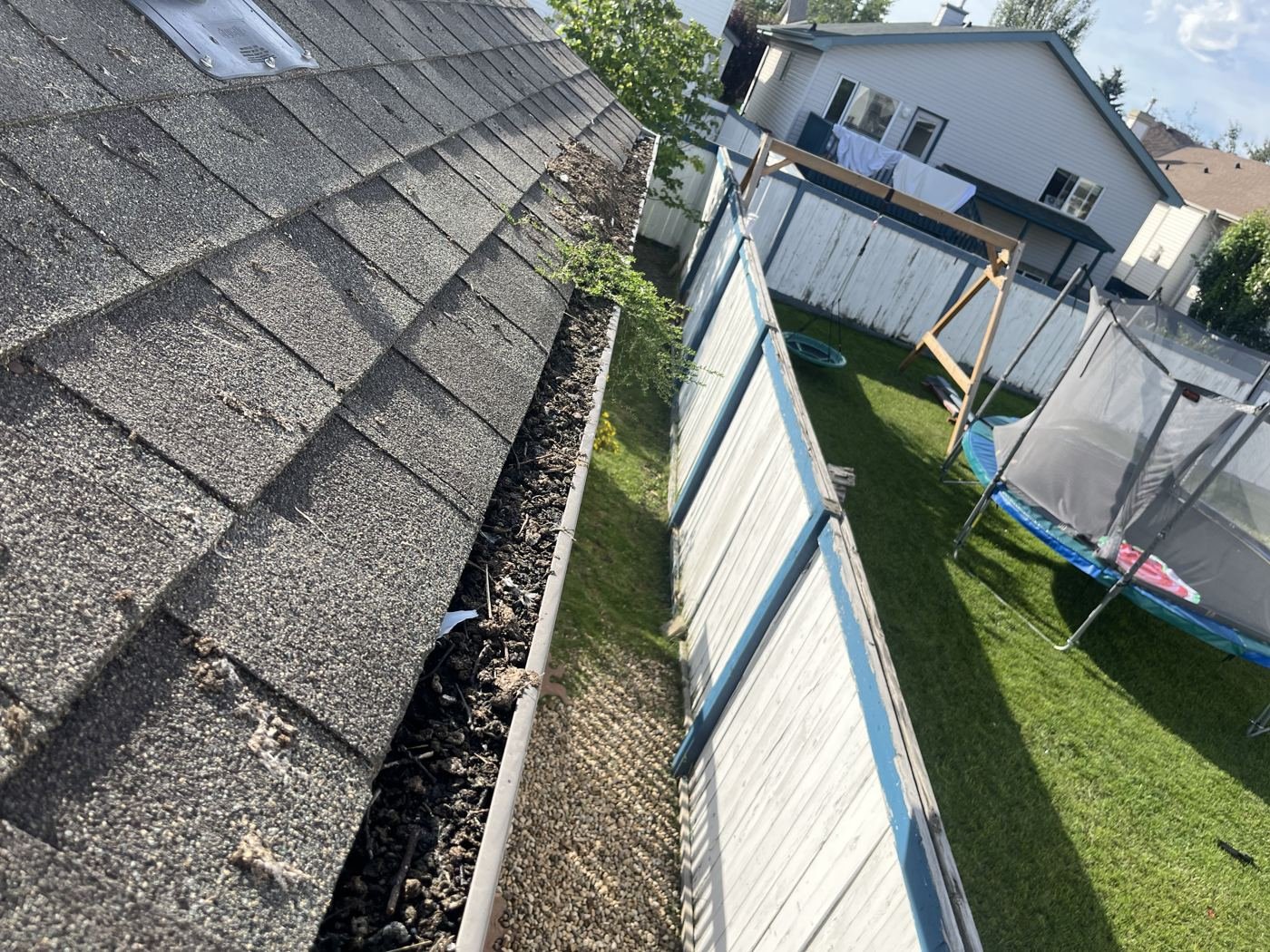 Gutter clogged with debris before cleaning, Edmonton home