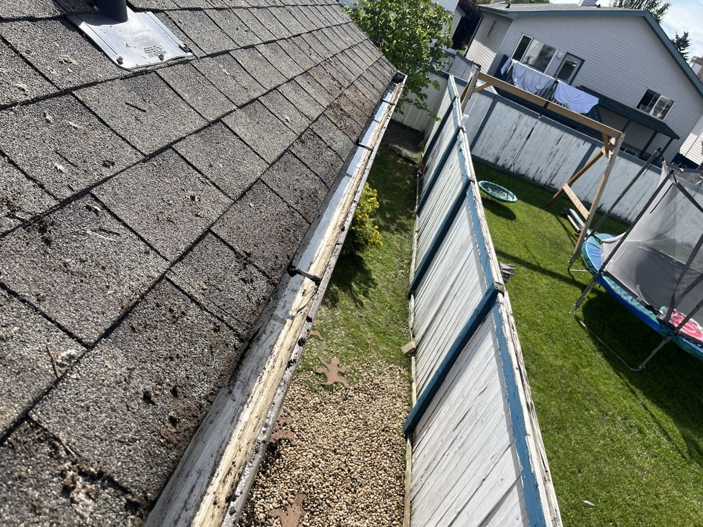 Close-up of gutter debris buildup before cleaning