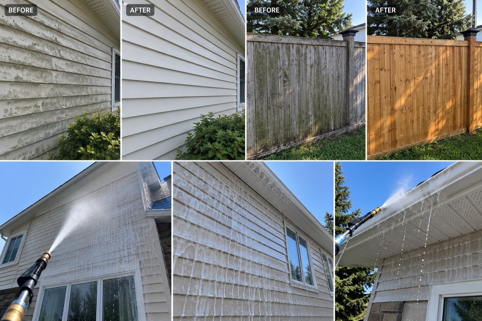Before and after house washing results: siding, fence, and gutter cleaning